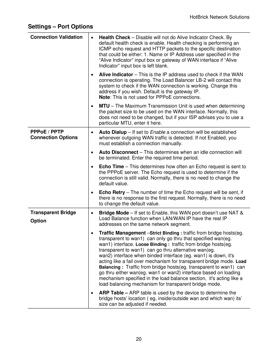 HotBrick LB-2 manual Settings Port Options, Connection Options, Transparent Bridge 