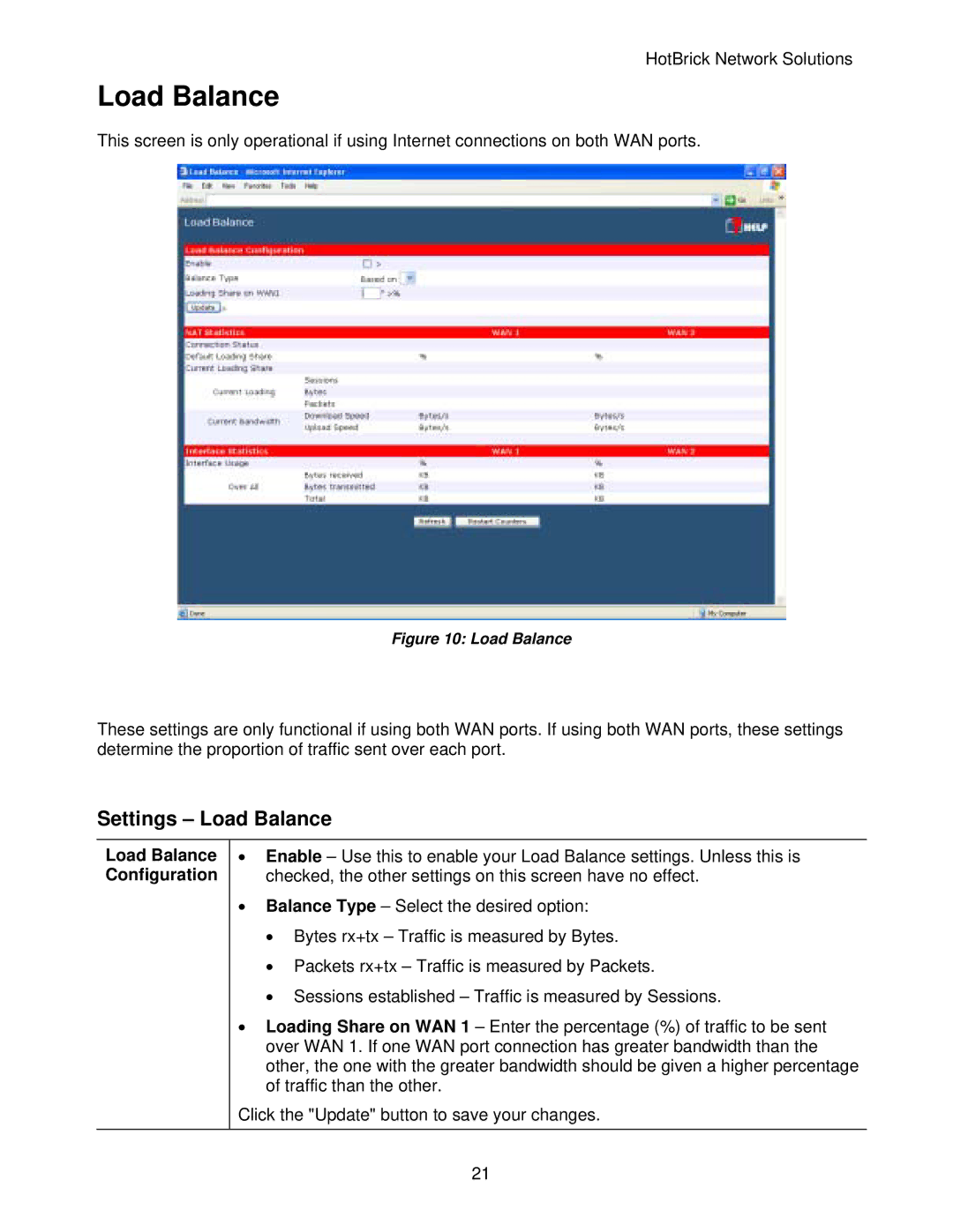 HotBrick LB-2 manual Settings Load Balance, Load Balance Configuration 