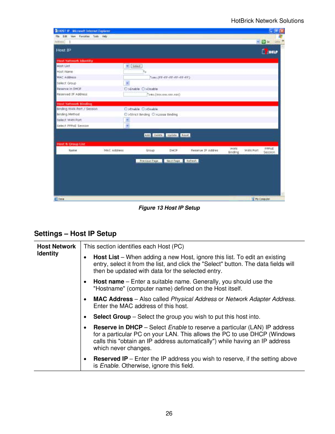 HotBrick LB-2 manual Settings Host IP Setup, Host Network Identity 