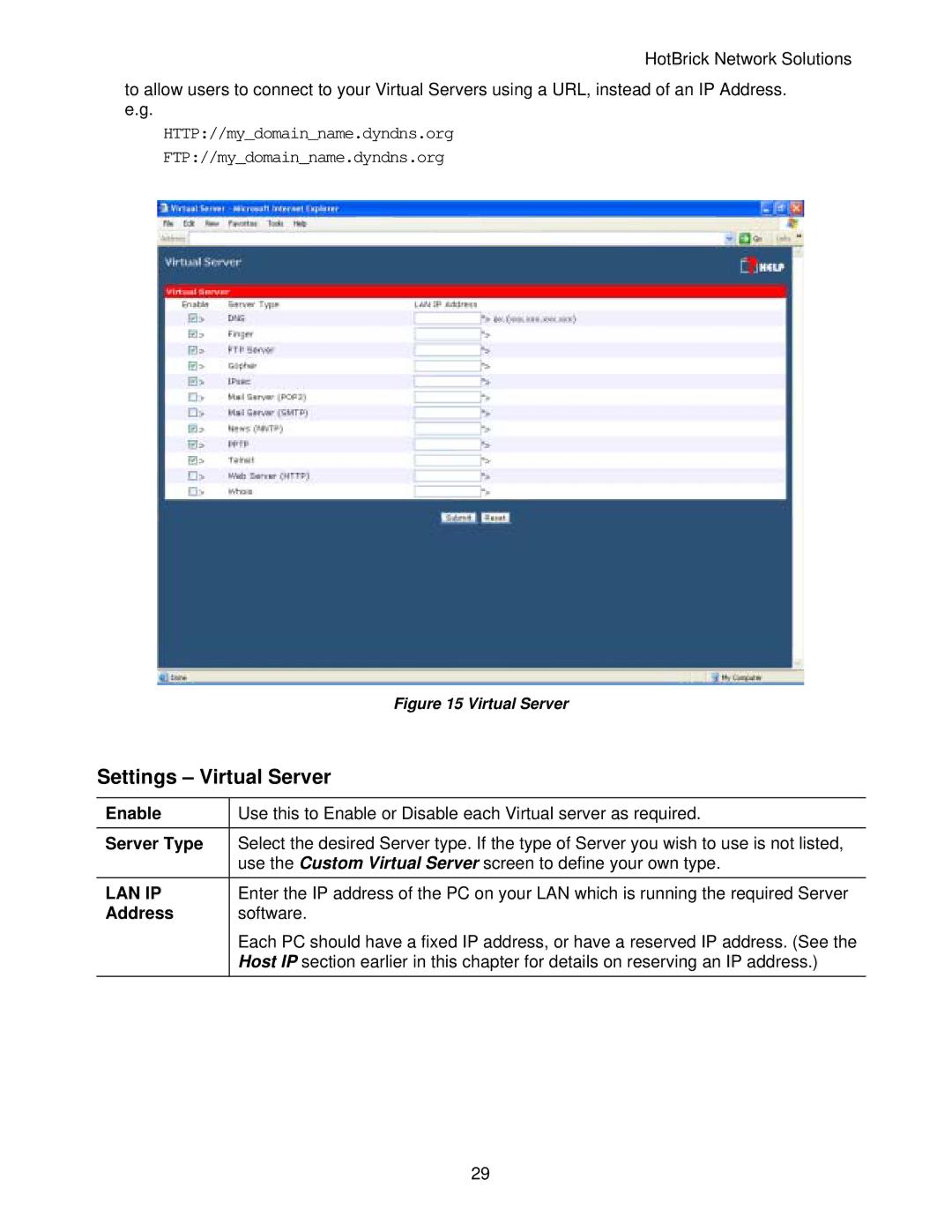 HotBrick LB-2 manual Settings Virtual Server, Enable, Server Type, Address 