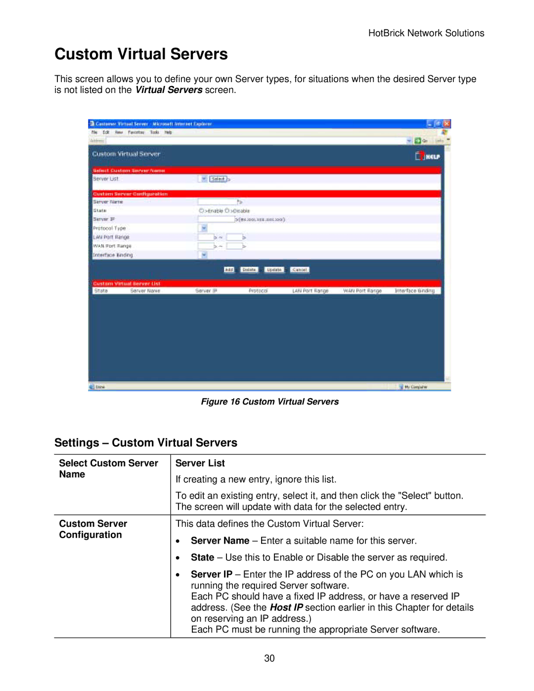 HotBrick LB-2 manual Settings Custom Virtual Servers, Select Custom Server Server List Name 