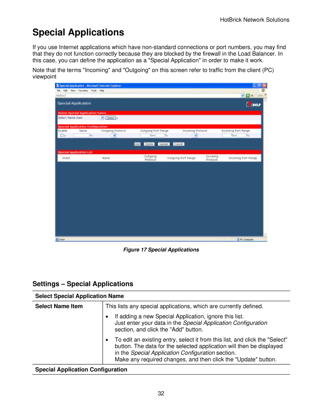 HotBrick LB-2 manual Settings Special Applications, Select Special Application Name Select Name Item 