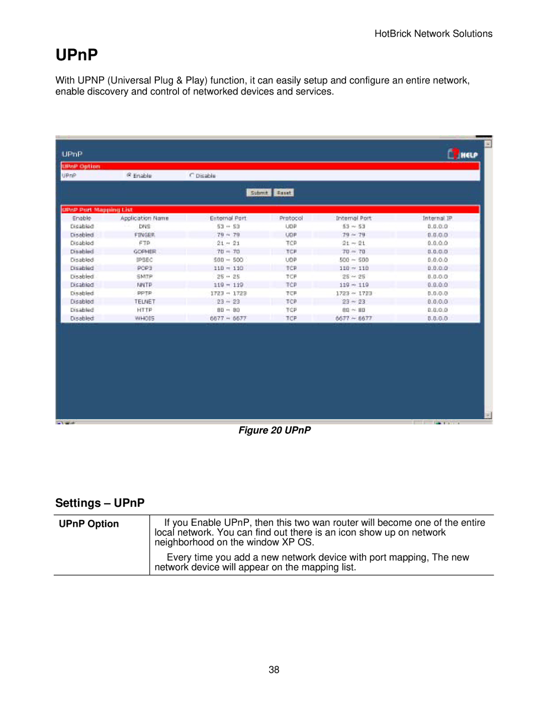 HotBrick LB-2 manual Settings UPnP, UPnP Option 