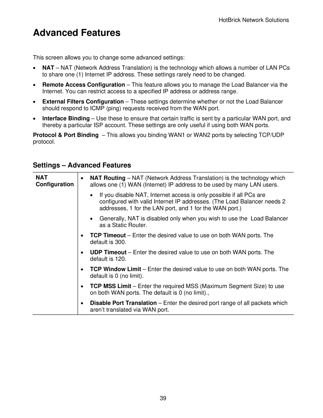 HotBrick LB-2 manual Settings Advanced Features, NAT Configuration 