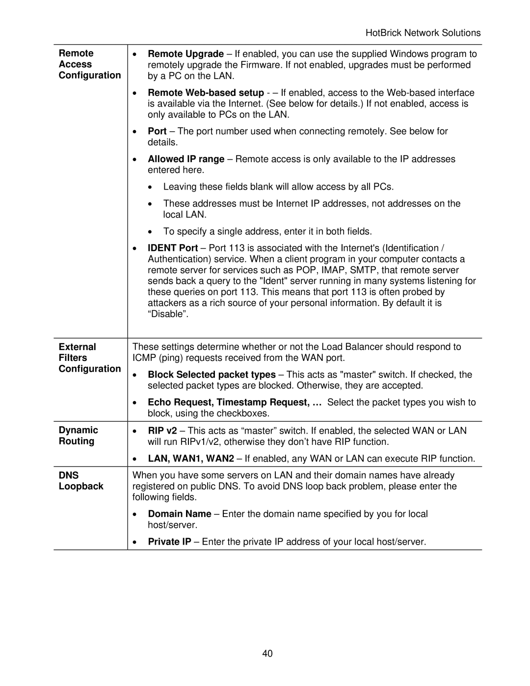 HotBrick LB-2 manual Remote, Access, External, Filters, Dynamic, Routing, Loopback 
