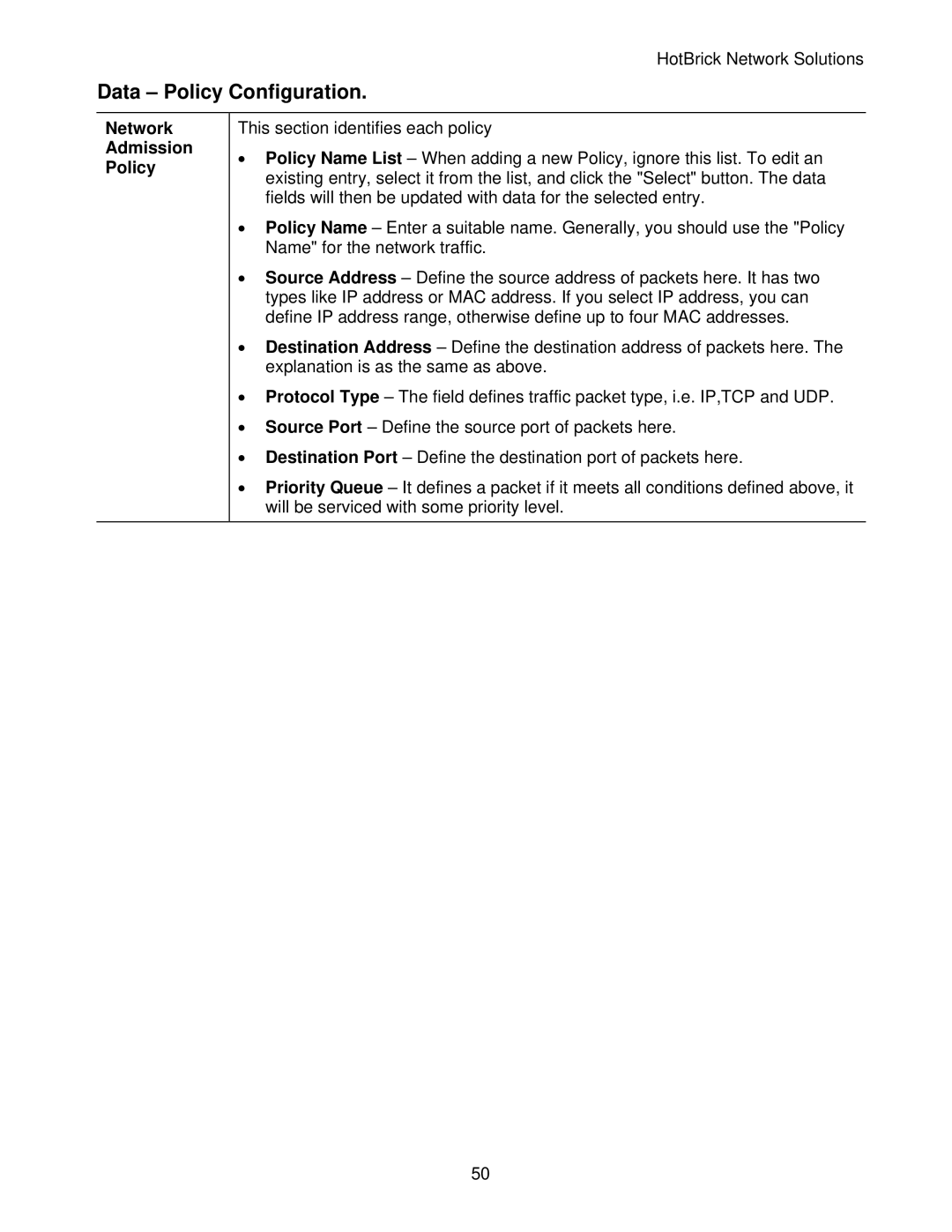 HotBrick LB-2 manual Data Policy Configuration, Network Admission Policy 