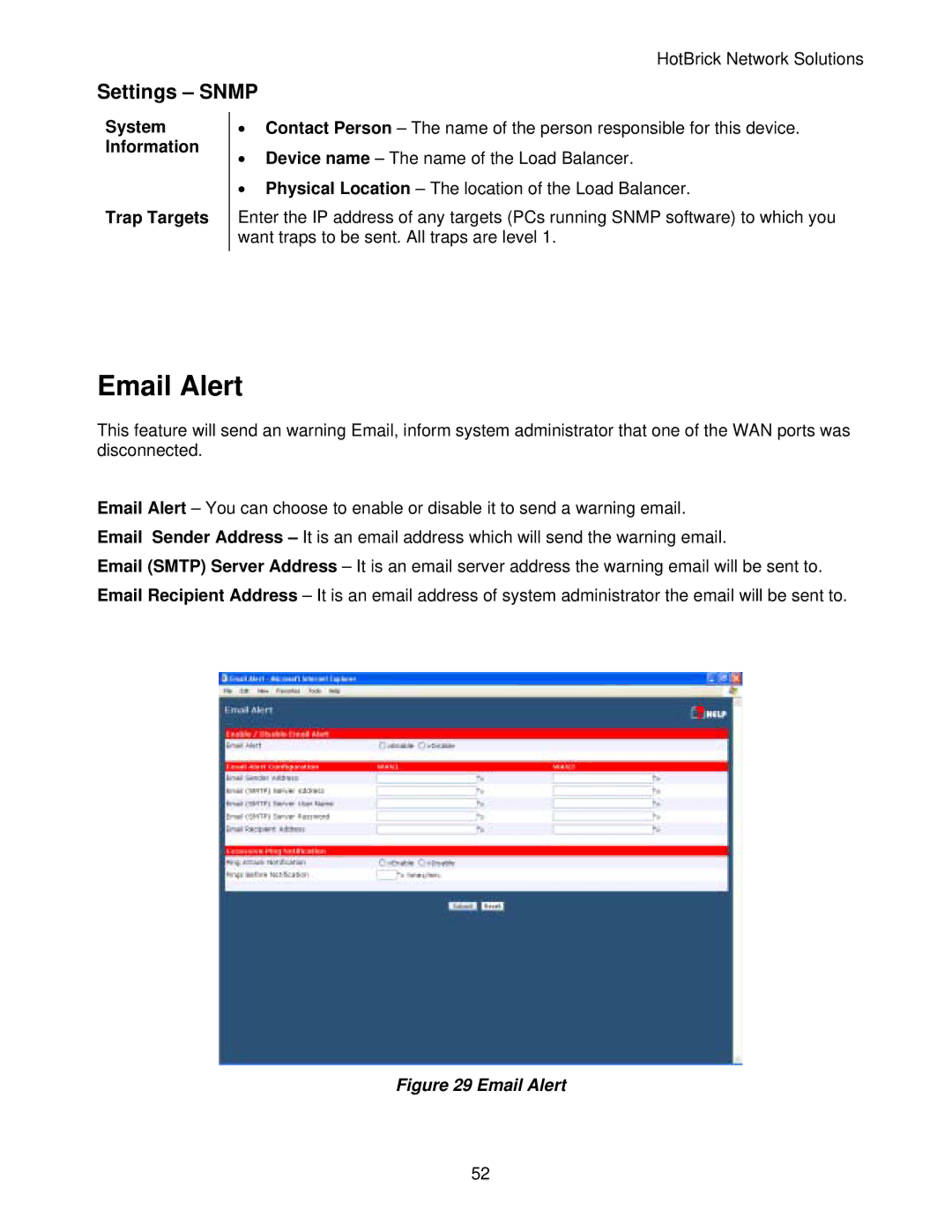 HotBrick LB-2 manual Email Alert, Settings Snmp, System Information Trap Targets 