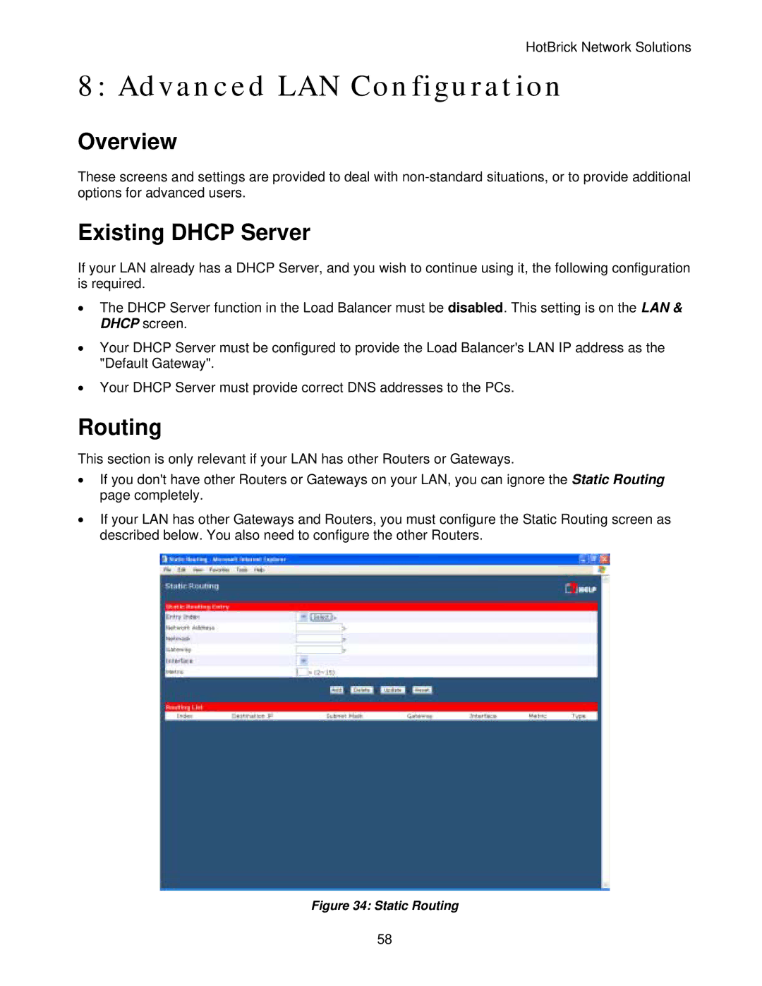 HotBrick LB-2 manual Advanced LAN Configuration, Existing Dhcp Server, Routing 