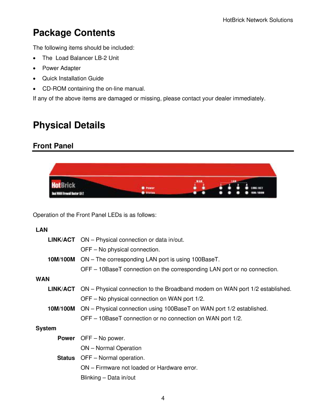 HotBrick LB-2 manual Package Contents, Physical Details 