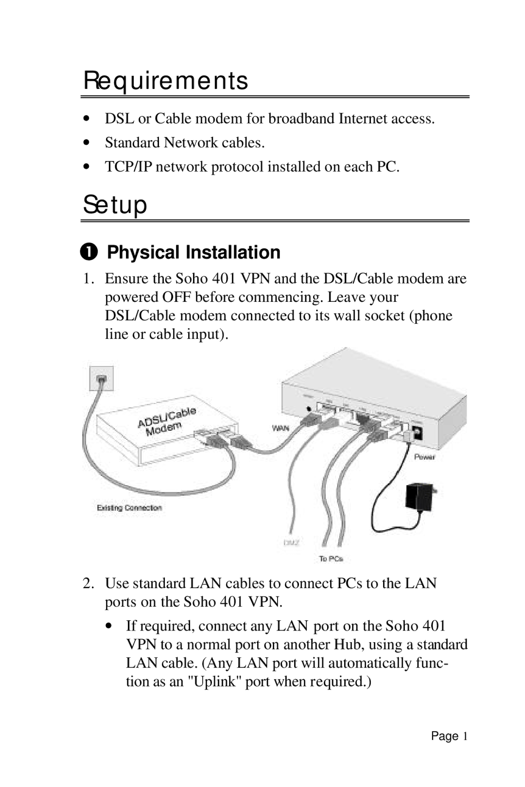 HotBrick SoHo 401 VPN user manual Requirements, Setup, Physical Installation 