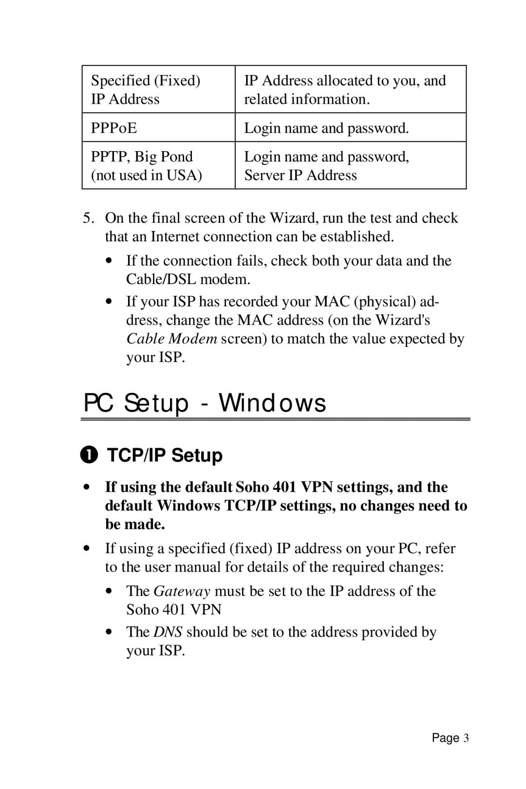 HotBrick SoHo 401 VPN user manual PC Setup Windows, TCP/IP Setup 