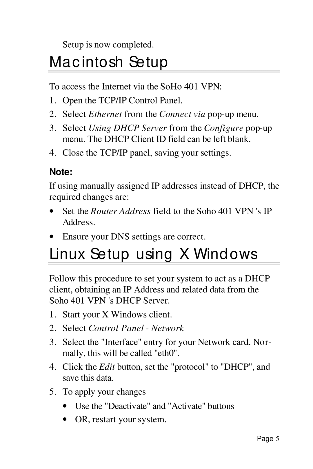 HotBrick SoHo 401 VPN user manual Macintosh Setup, Linux Setup using X Windows, Select Control Panel Network 