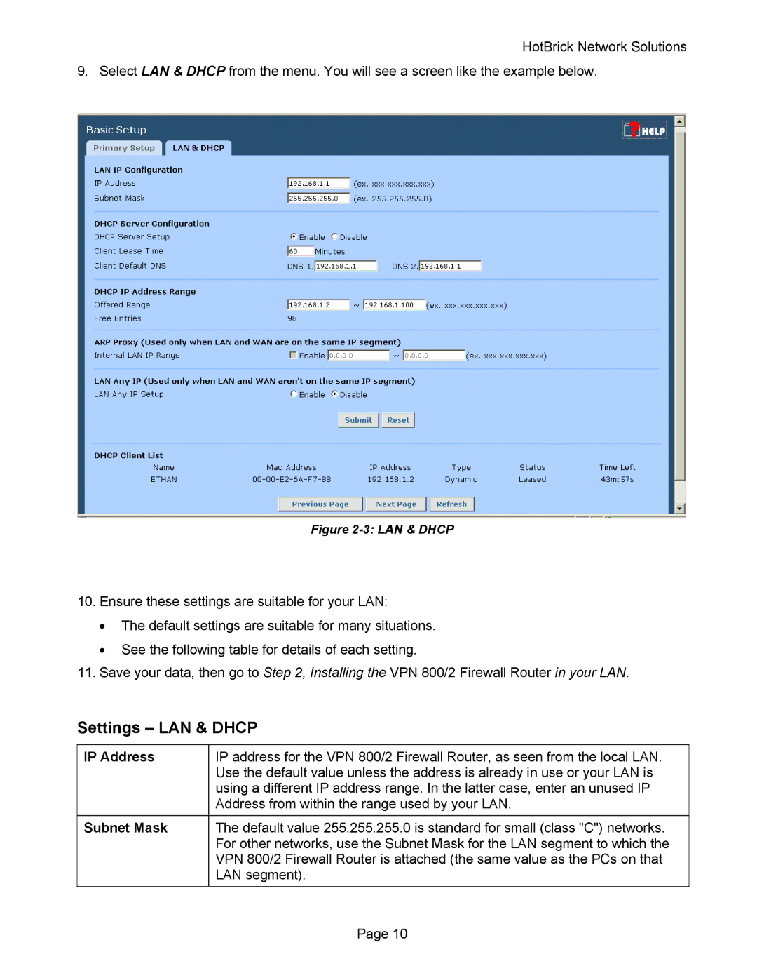 HotBrick VPN 800 manual Settings LAN & Dhcp, IP Address, Subnet Mask 