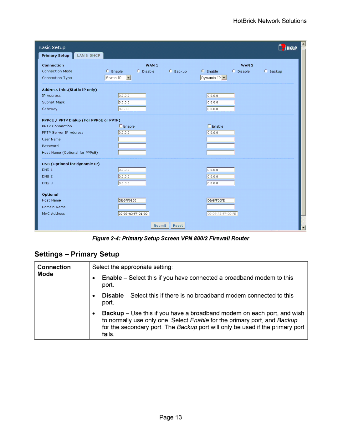 HotBrick VPN 800 manual Settings Primary Setup, Connection Mode 