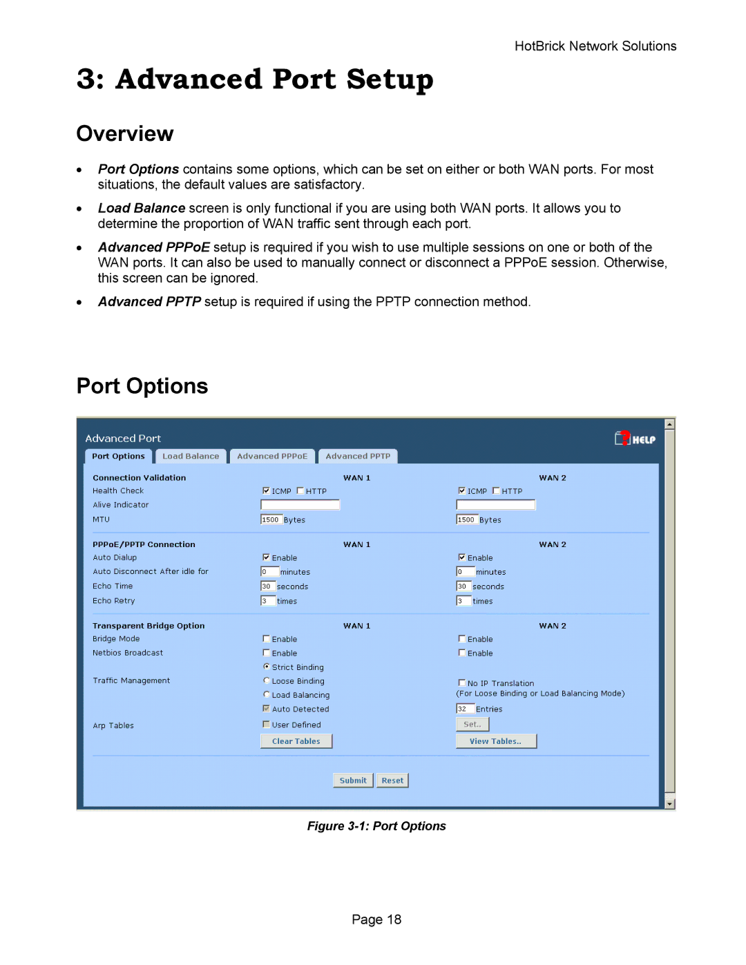 HotBrick VPN 800 manual Advanced Port Setup, Port Options 