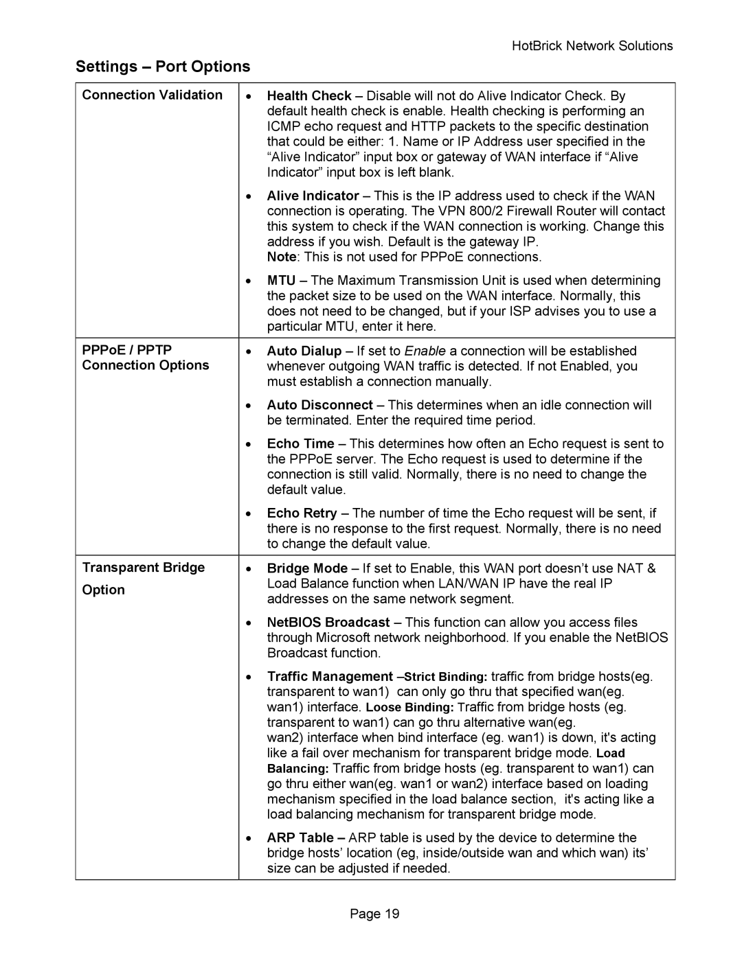 HotBrick VPN 800 manual Settings Port Options, Connection Options, Transparent Bridge 