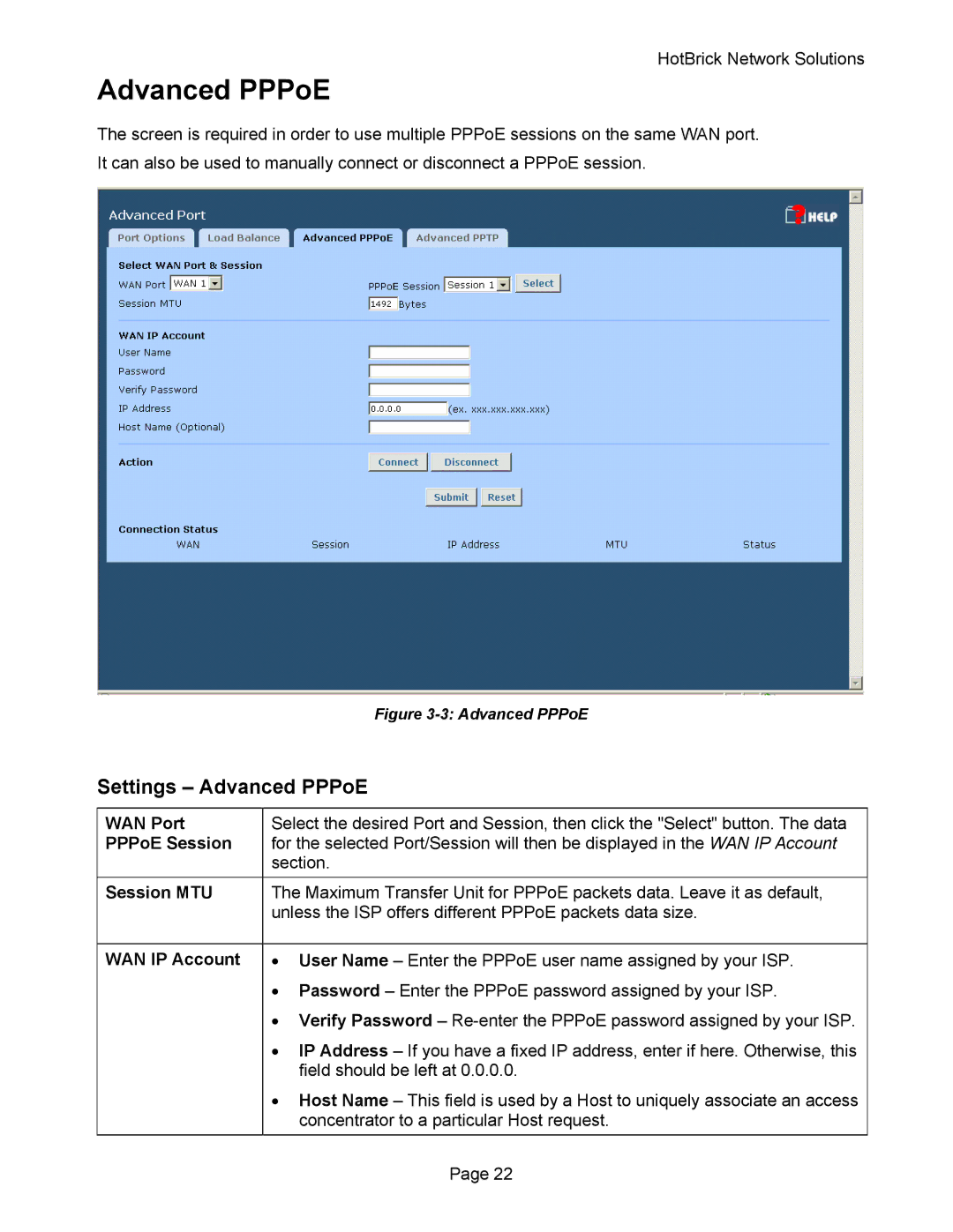 HotBrick VPN 800 manual Settings Advanced PPPoE 