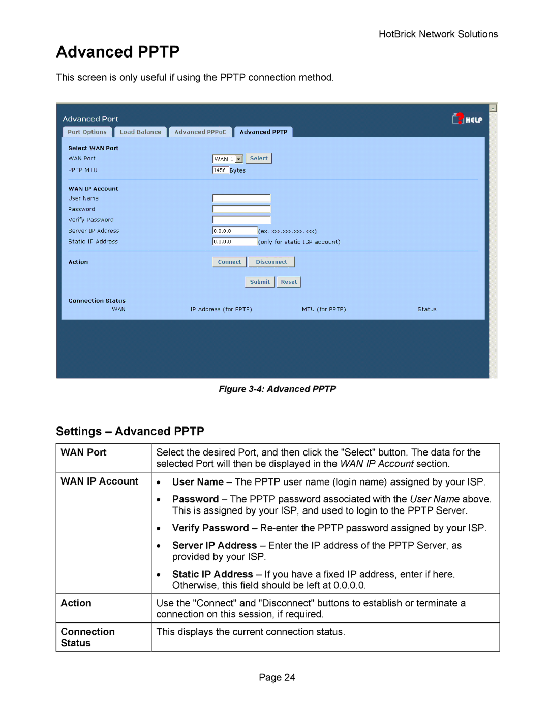 HotBrick VPN 800 manual Settings Advanced Pptp 