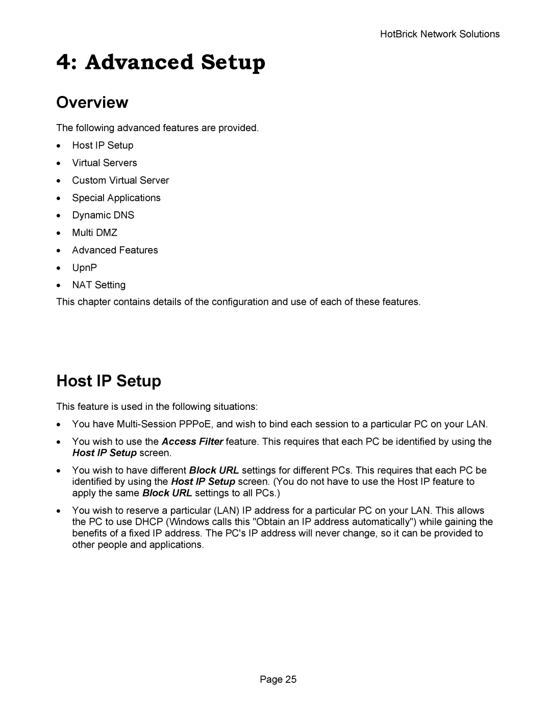 HotBrick VPN 800 manual Advanced Setup, Host IP Setup 