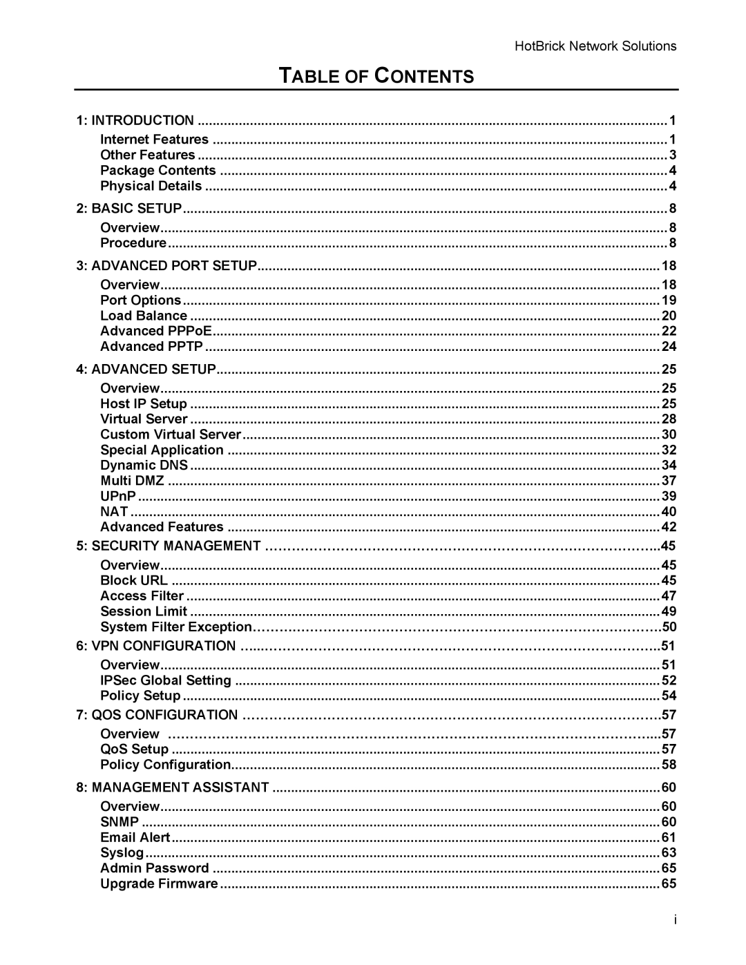 HotBrick VPN 800 manual Table of Contents 