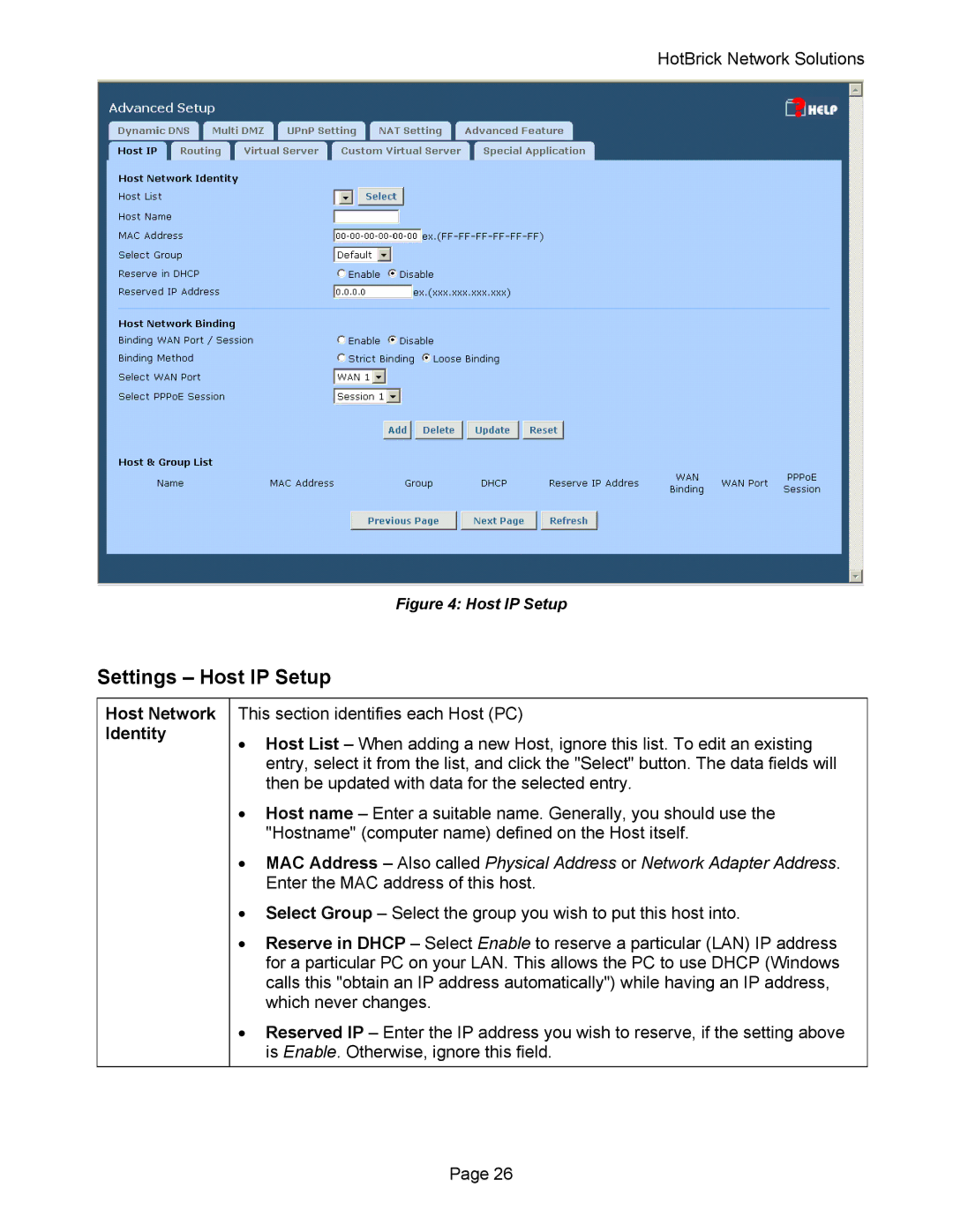 HotBrick VPN 800 manual Settings Host IP Setup, Host Network Identity 