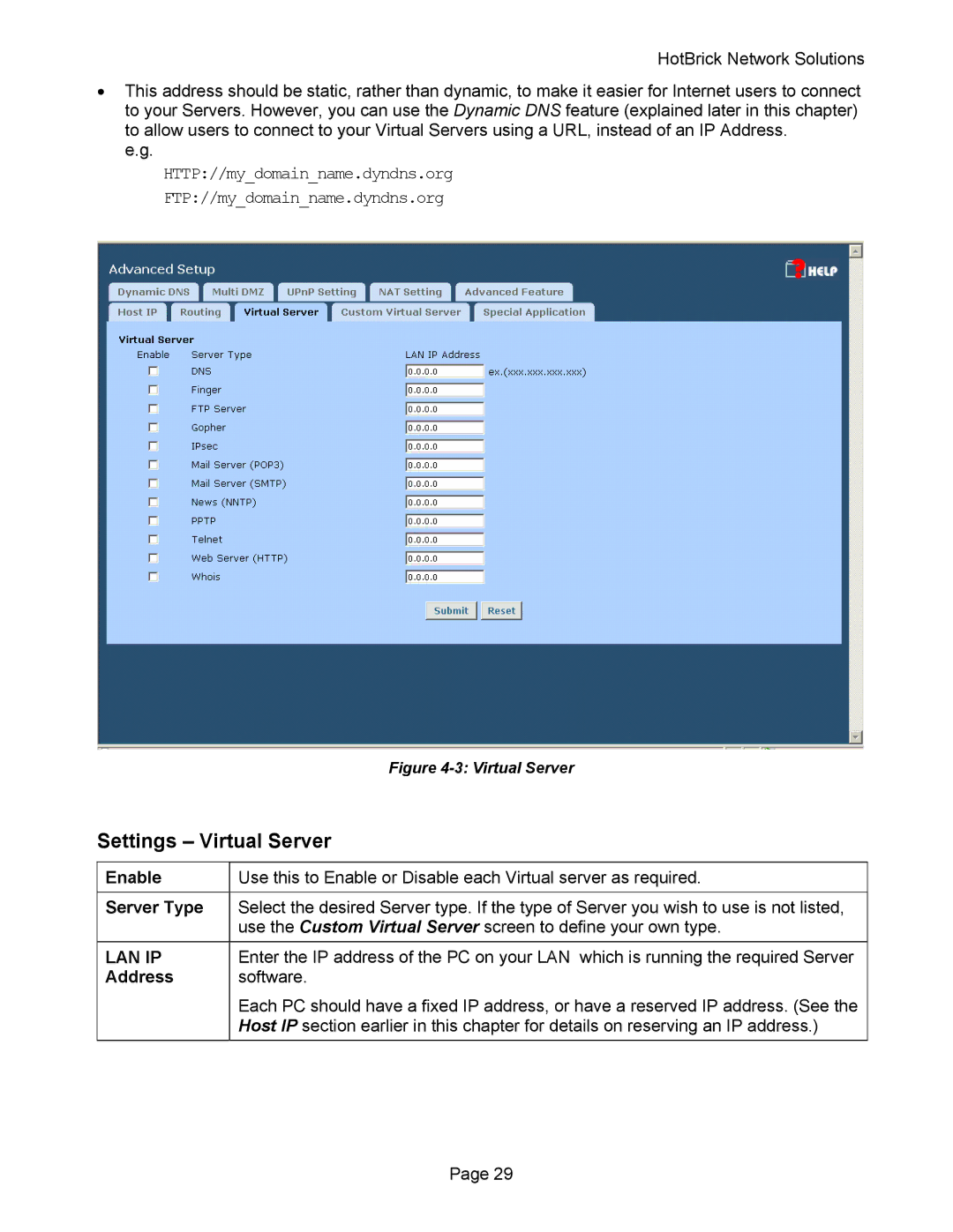 HotBrick VPN 800 manual Settings Virtual Server, Enable, Server Type, Address 