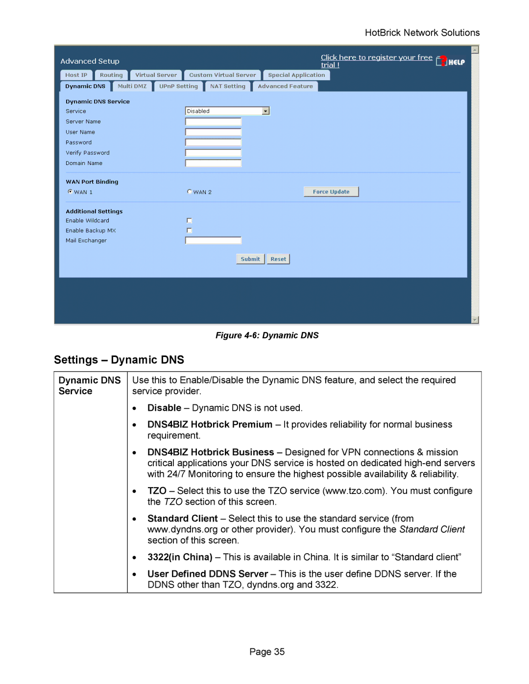 HotBrick VPN 800 manual Settings Dynamic DNS, Dynamic DNS Service 