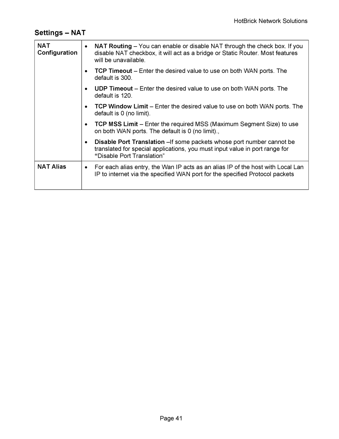 HotBrick VPN 800 manual Settings NAT, NAT Alias 