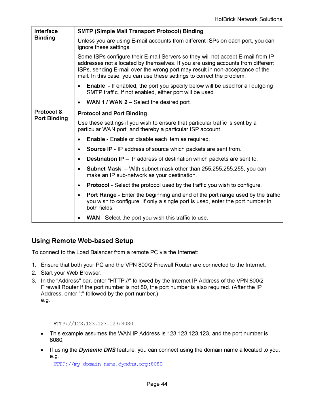 HotBrick VPN 800 manual Using Remote Web-based Setup, Interface Smtp Simple Mail Transport Protocol Binding 