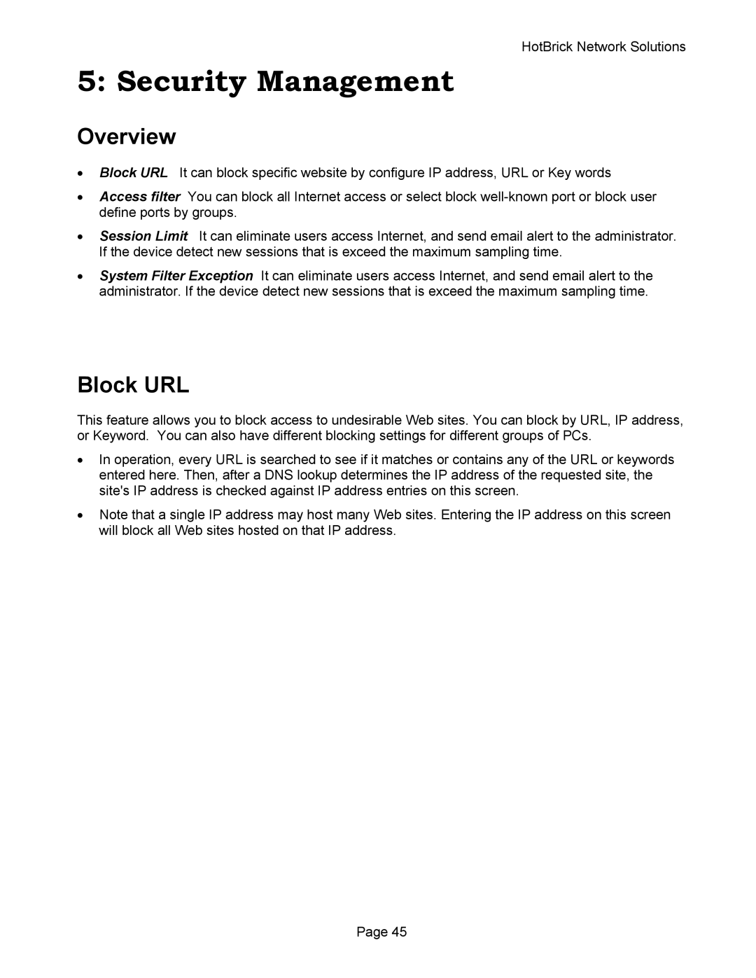 HotBrick VPN 800 manual Security Management, Block URL 