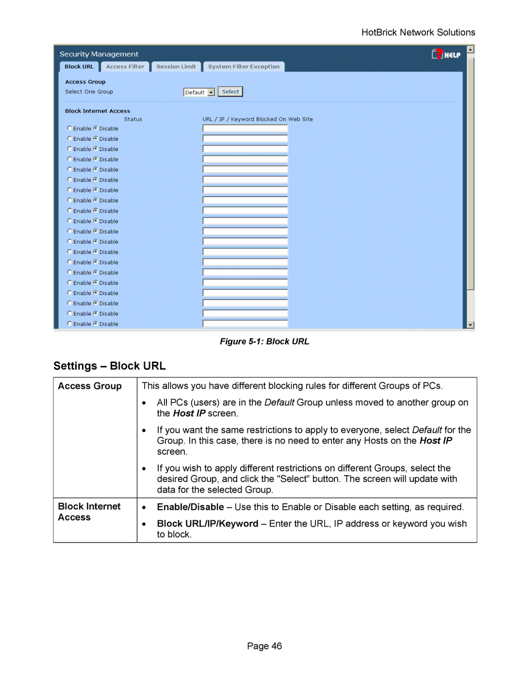 HotBrick VPN 800 manual Settings Block URL, Block Internet 