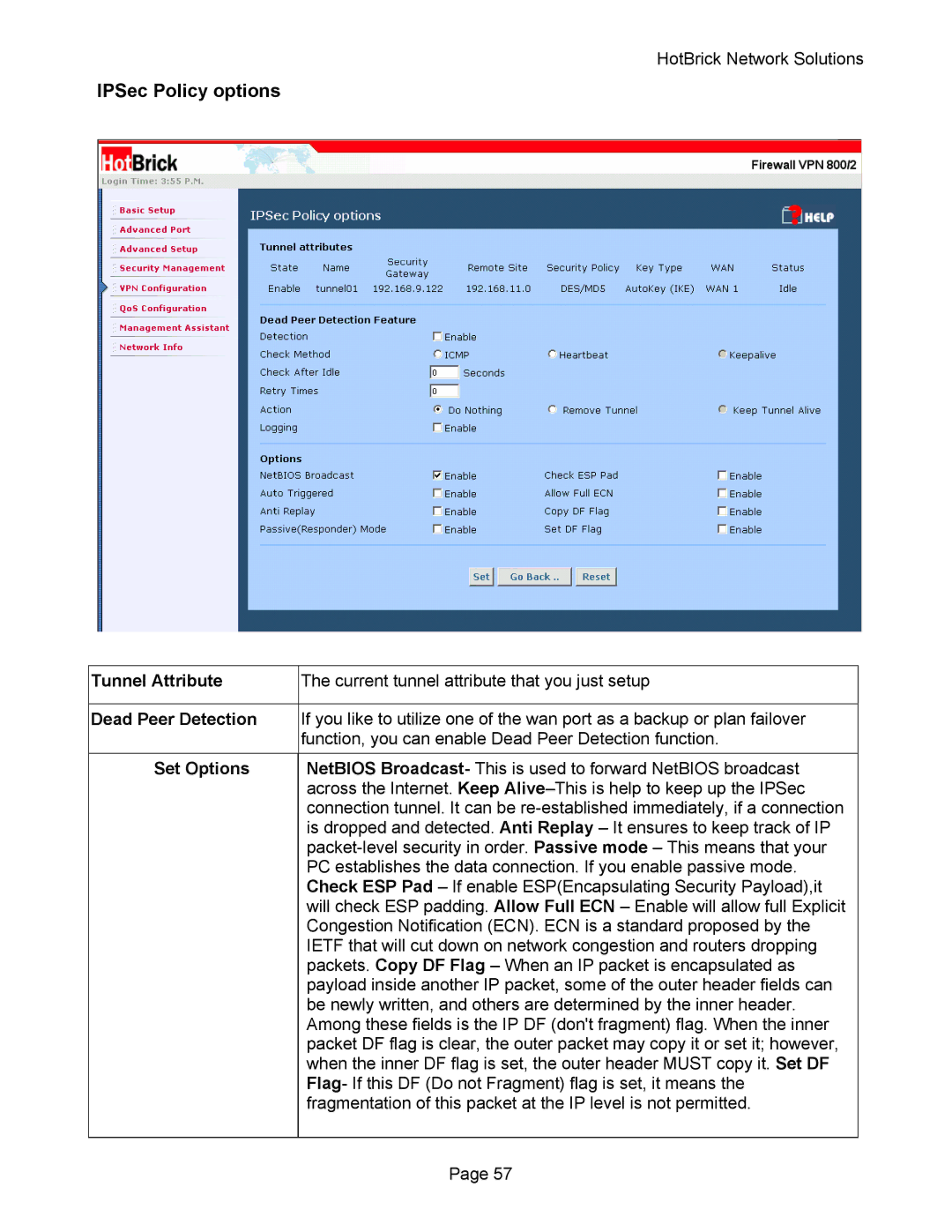 HotBrick VPN 800 manual Tunnel Attribute, Dead Peer Detection, Set Options 