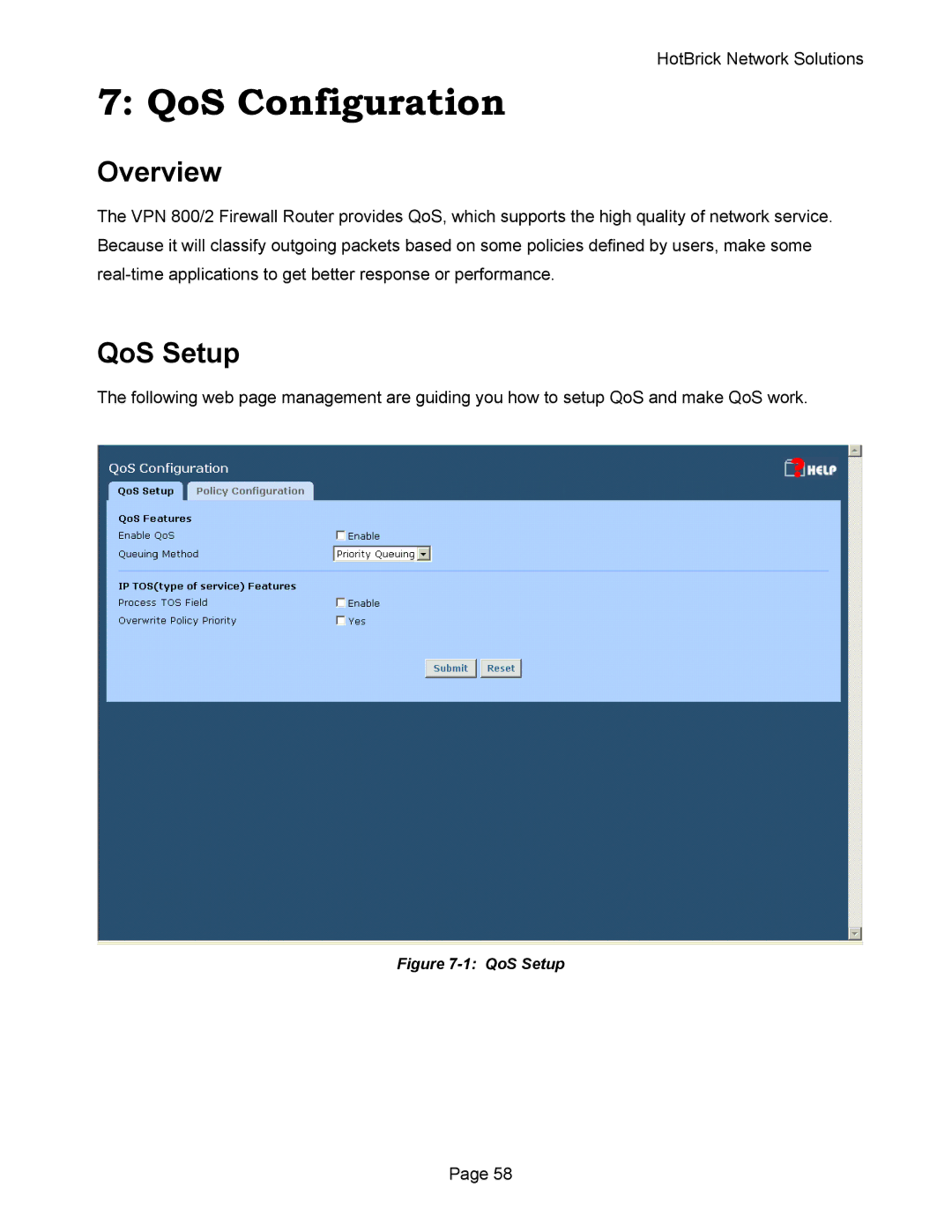 HotBrick VPN 800 manual QoS Configuration, QoS Setup 