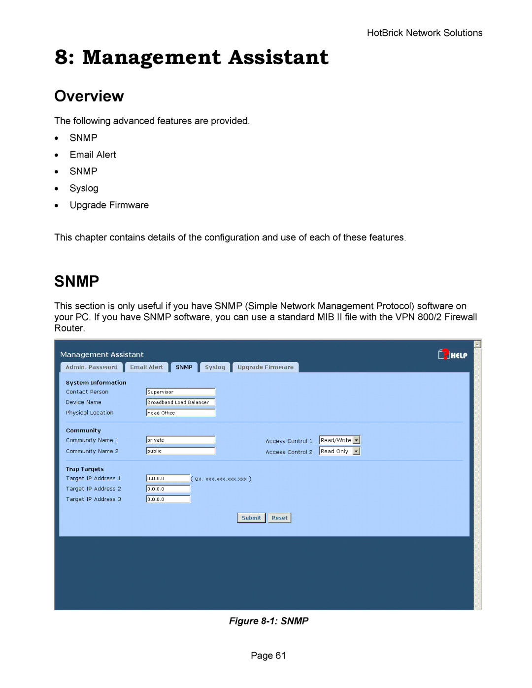 HotBrick VPN 800 manual Management Assistant, Snmp 