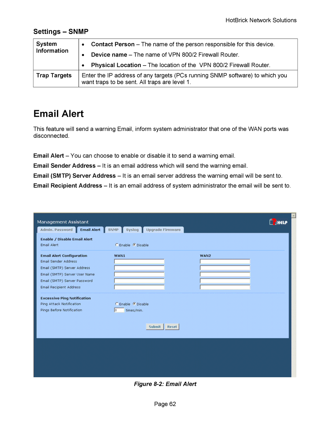 HotBrick VPN 800 manual Email Alert, Settings Snmp, System, Information, Trap Targets 