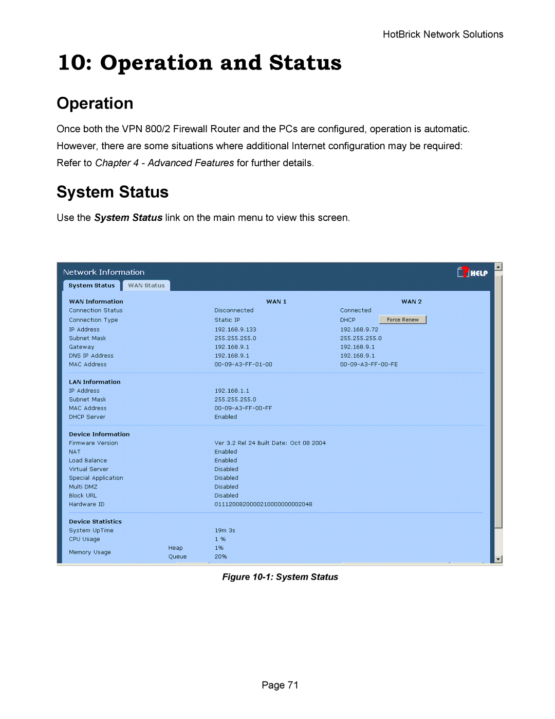 HotBrick VPN 800 manual Operation and Status, System Status 