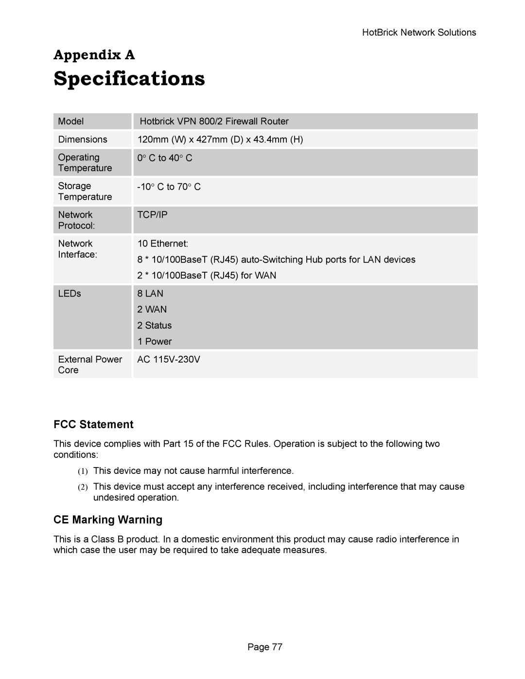 HotBrick VPN 800 manual Specifications, FCC Statement, CE Marking Warning 