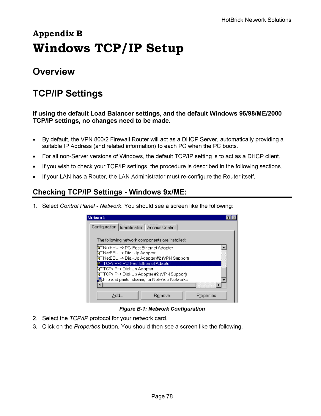 HotBrick VPN 800 manual Windows TCP/IP Setup, Overview TCP/IP Settings, Checking TCP/IP Settings Windows 9x/ME 