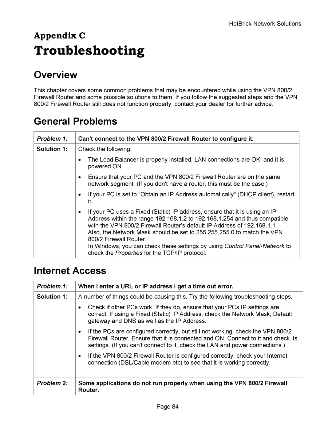HotBrick VPN 800 manual Troubleshooting, General Problems, Internet Access, Solution 
