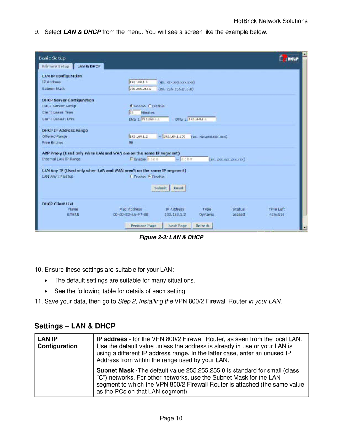 HotBrick VPN 800/2 manual Settings LAN & Dhcp, LAN IP Configuration 