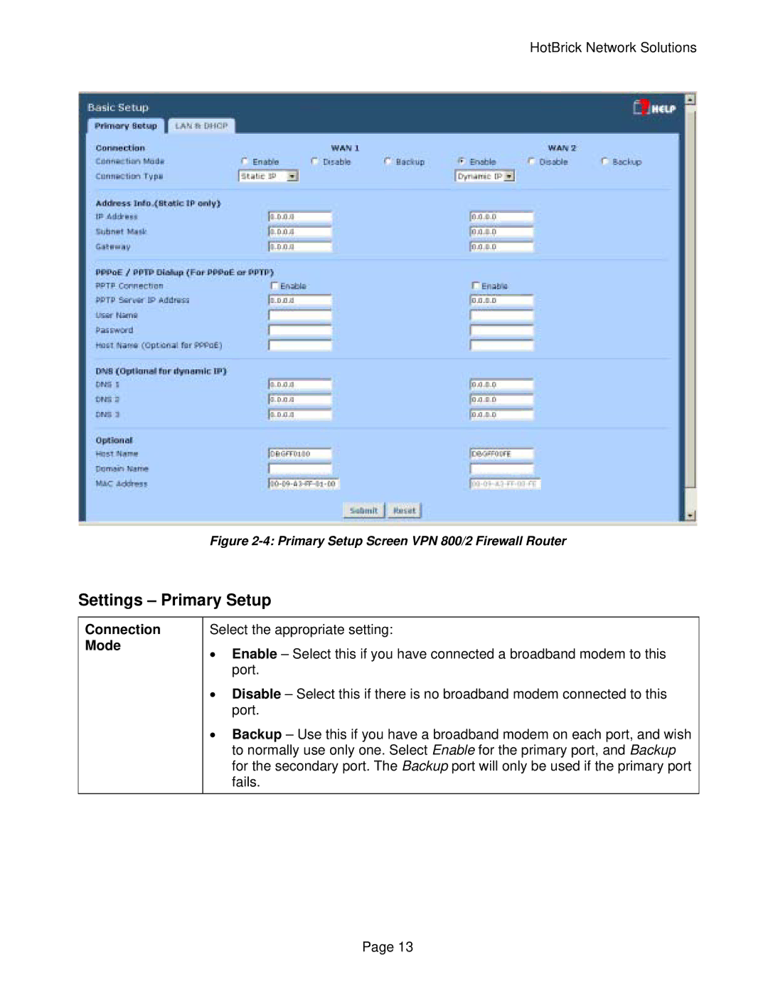 HotBrick VPN 800/2 manual Settings Primary Setup, Connection Mode 