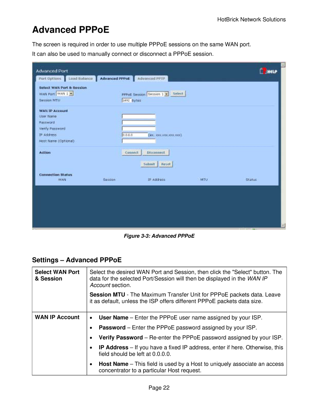 HotBrick VPN 800/2 manual Settings Advanced PPPoE, Select WAN Port, Session, WAN IP Account 