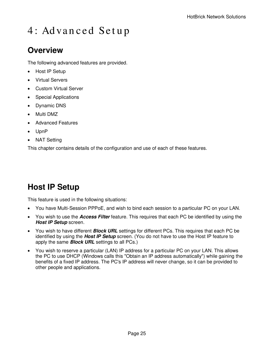 HotBrick VPN 800/2 manual Advanced Setup, Host IP Setup 