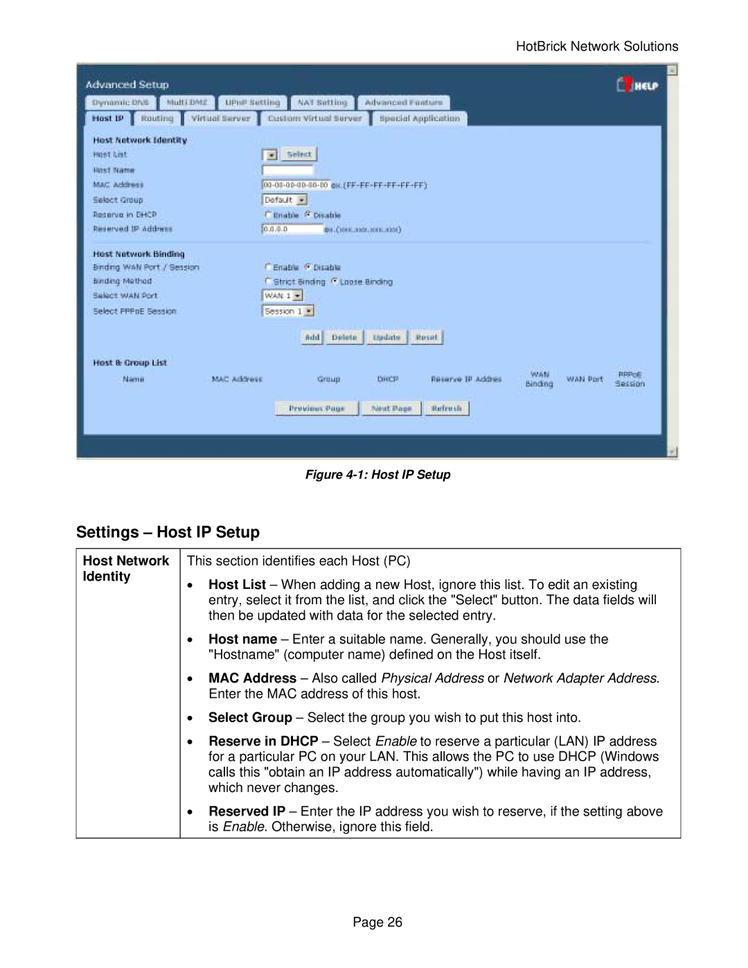 HotBrick VPN 800/2 manual Settings Host IP Setup, Host Network Identity 