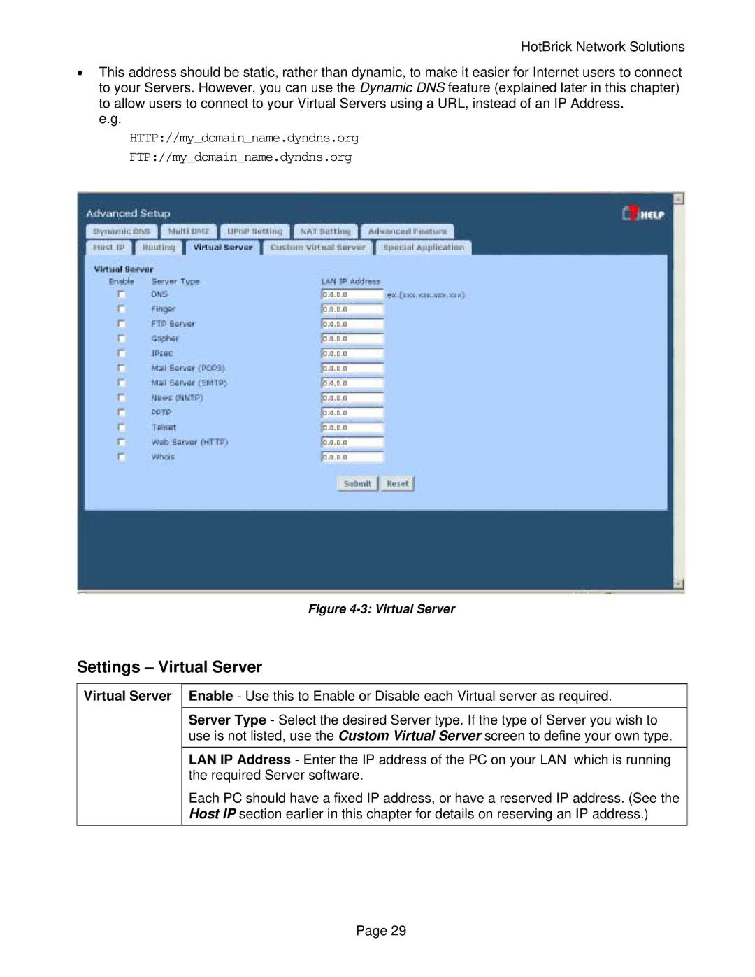 HotBrick VPN 800/2 manual Settings Virtual Server 