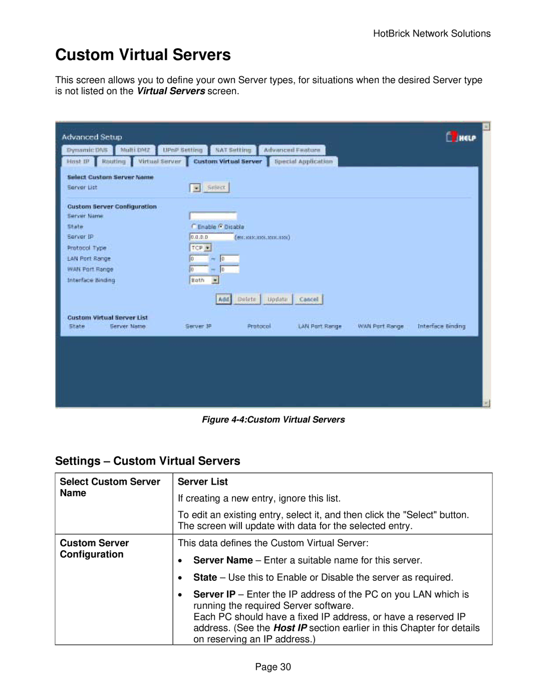 HotBrick VPN 800/2 manual Settings Custom Virtual Servers, Select Custom Server Server List Name 