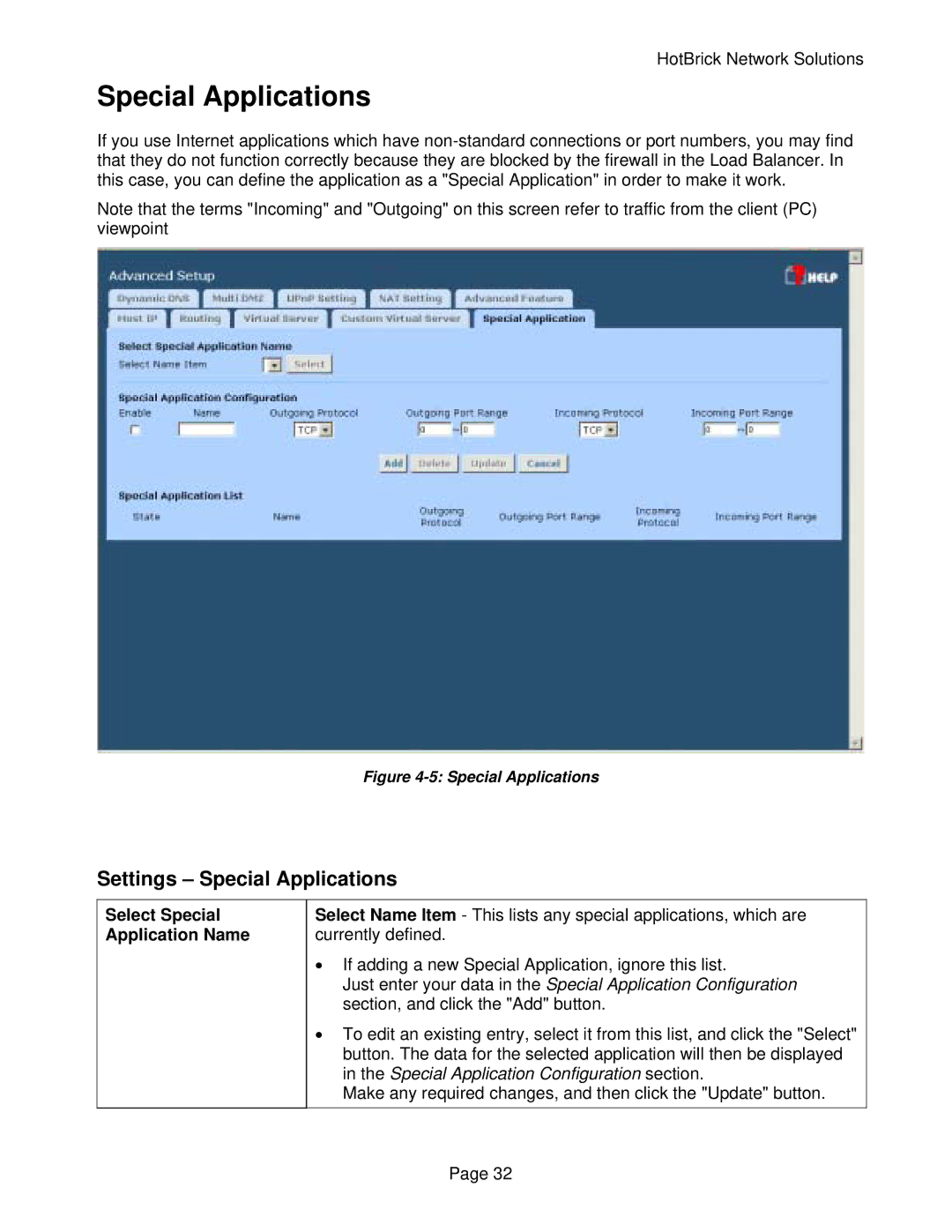 HotBrick VPN 800/2 manual Settings Special Applications, Select Special Application Name 