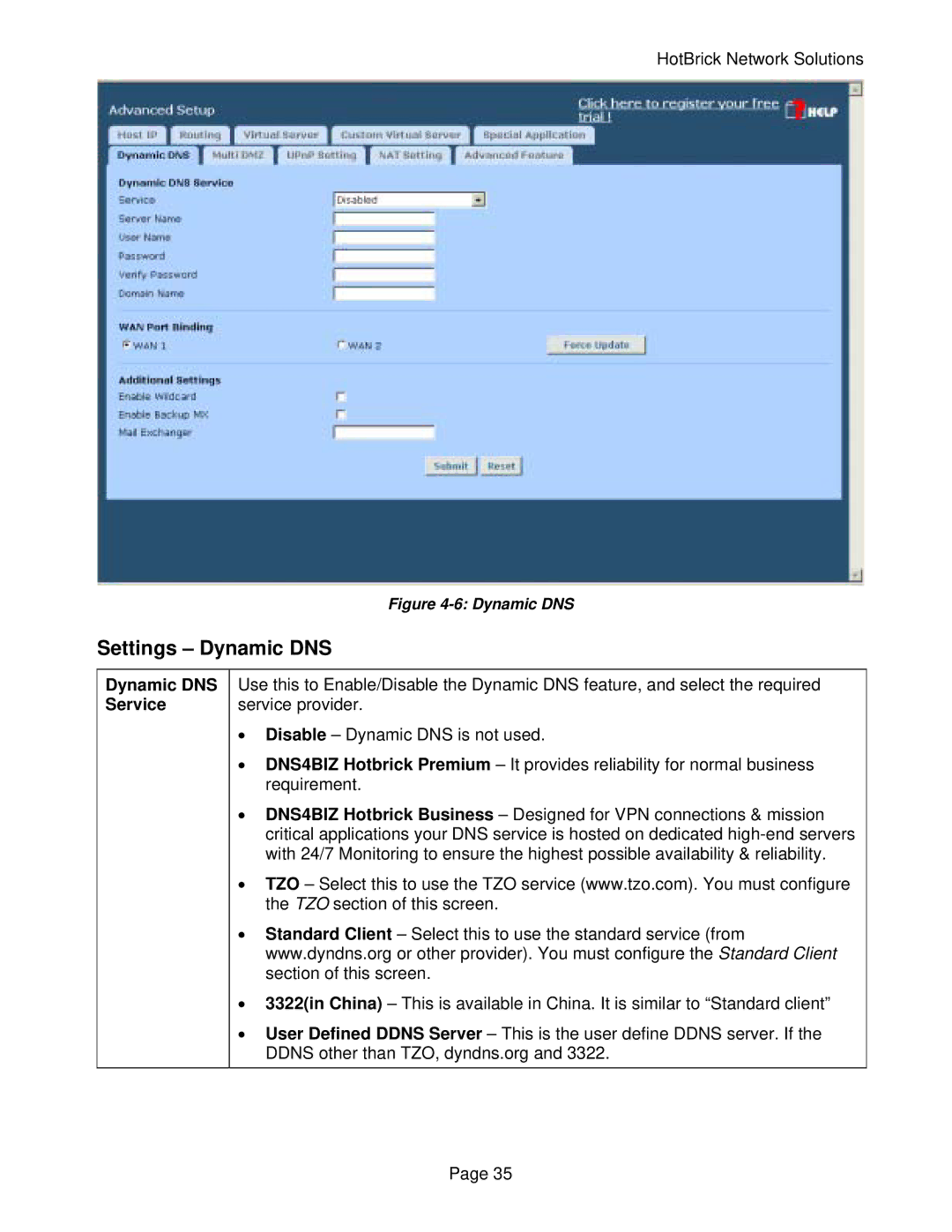 HotBrick VPN 800/2 manual Settings Dynamic DNS, Dynamic DNS Service 