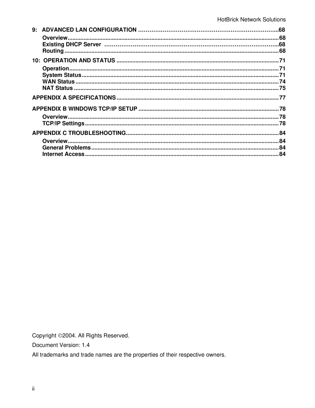 HotBrick VPN 800/2 manual Advanced LAN Configuration ………………………………………………………………...68 