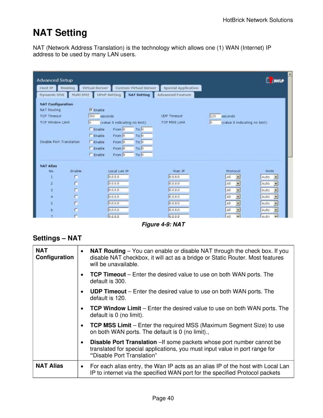 HotBrick VPN 800/2 manual NAT Setting, Settings NAT, NAT Alias 